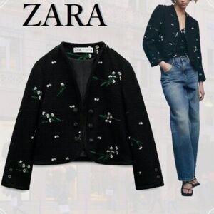 Zara Structured Embroidered Blazer Jacket Size Small Black Floral Feminine